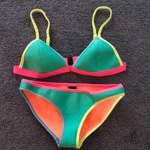Triangle Neon Neoprene Retro style bikini with matching bottoms & drawstring bag